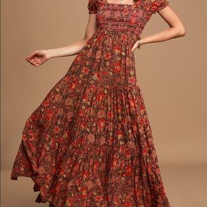 Free People Getaway Red Floral Print Pleated Tiered Maxi Dress - Small